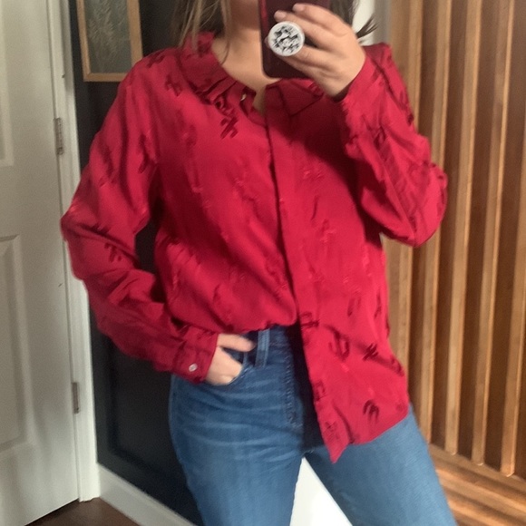 Pepaloves—Red Shirt Peter Pan Collar‎ Cactus Print in the Blink. Sz L - Picture 1 of 15